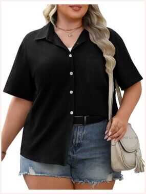 Plus Size Cotton Linen Button Down Shirt Short Sleeve Women Summer